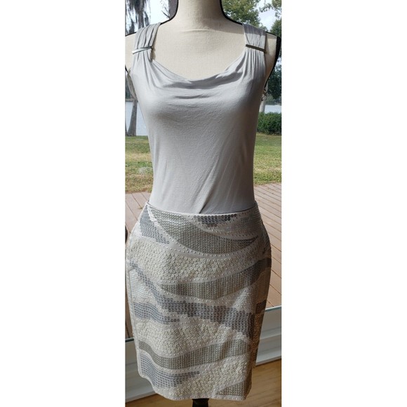 White House Black Market Women's Gray Silver Metallic Sequin Skirt Sz 6 & Blouse - Picture 1 of 13